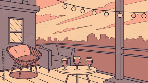 Balcony with city view at sunset, a romantic evening with wine glasses on the table, perfect for relaxation and celebration