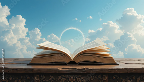 Open book on wooden table with mystical sky background, featuring fluffy clouds and glowing circle