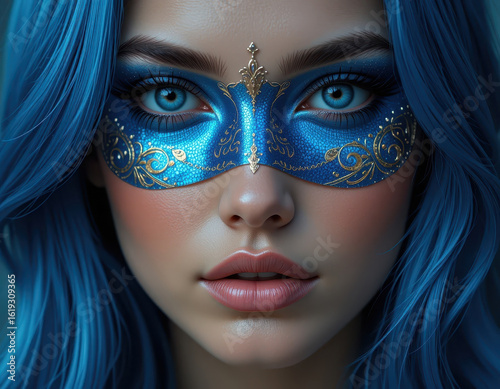 Woman with striking blue hair and detailed blue masquerade mask gazes intently. mask features intricate gold patterns, enhancing her captivating