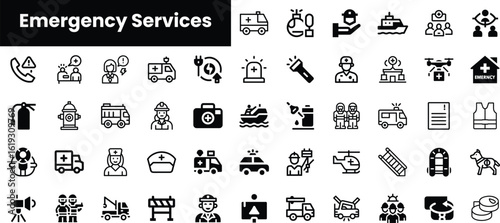A comprehensive collection of emergency services icons, showcasing various responders and equipment in black and white for easy identification.