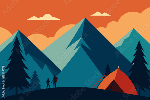 Two hikers admire a majestic mountain range at sunset with a vibrant orange sky