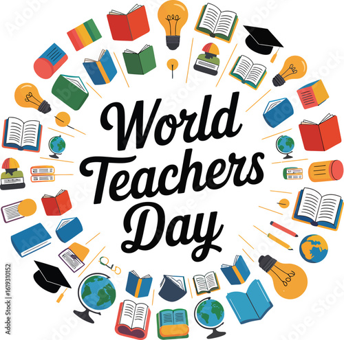 World Teachers Day surrounded by educational icons and globes school learning