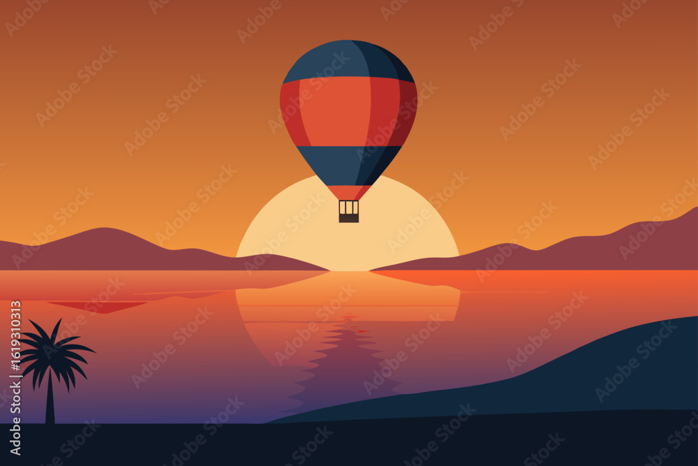 Obraz premium Serene sunset hot air balloon ride over calm water with palm tree silhouette