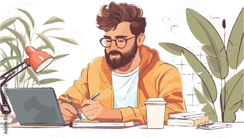 Digital Nomad Illustration of a Bearded Man Working at Desk with Laptop, Plants, Lamp, Coffee, and Books