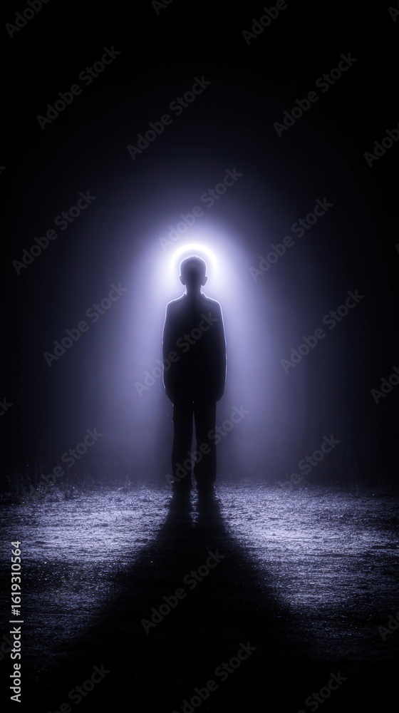Male silhouette behind opaque glass with moody black and purple backlight, soft halo glow around body, evoking mystery and quiet tension. Male silhouette behind opaque glass with moody black and purple backlight, soft halo glow around body, evoking mystery and quiet tension.