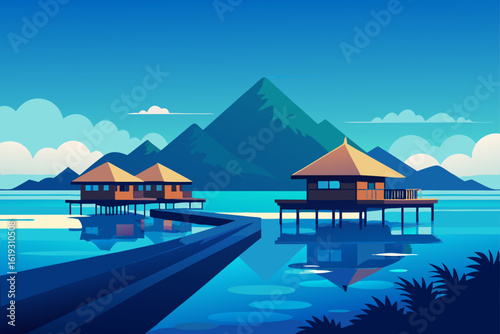 Serene tropical overwater bungalows with majestic mountain backdrop and calm blue waters