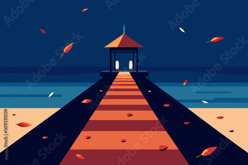 A serene pier with a gazebo at the end leading into calm waters under a twilight sky