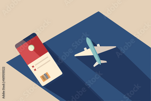 Flat design illustration of an airplane and boarding pass on a blue surface