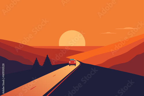 A lone red car drives down a scenic road towards a vibrant sunset over rolling hills