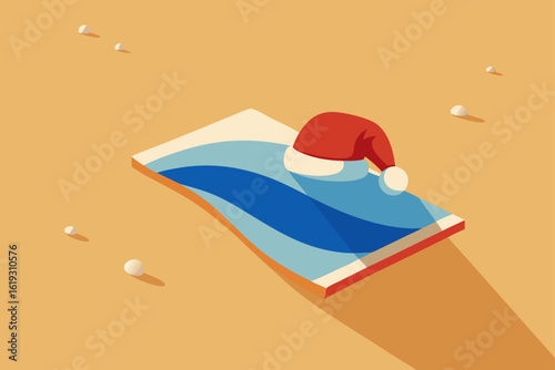 A whimsical isometric illustration of a santa hat resting on a beach towel by the sea