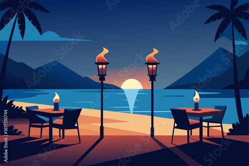 Romantic beachside dining at sunset with tiki torches and palm trees