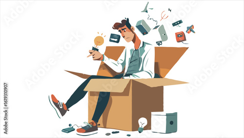 Man Seated in Box Contemplating a Lightbulb Amidst Scattered Objects Evoking Creative Block and Overwhelming Thoughts
