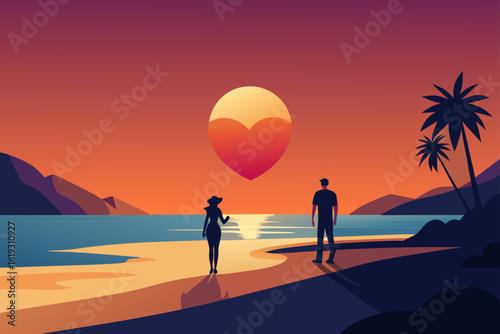 Couple silhouetted on a tropical beach watching a heart shaped sunset