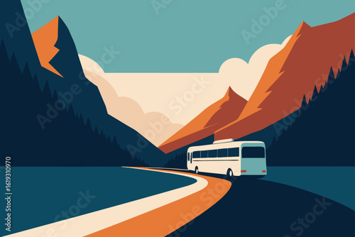 A white bus travels along a scenic road through a mountainous landscape with a lake