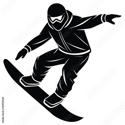 Black and white graphic illustration of a snowboarder in action