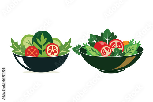 Bowls of fresh green salad with tomatoes and other vegetables, one in a black bowl and the other in a dark green bowl, isolated on a white background