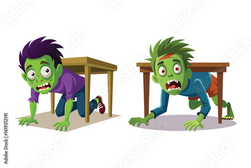 Cartoon zombies with green skin and ragged clothes crawling out from under wooden tables, isolated on white background