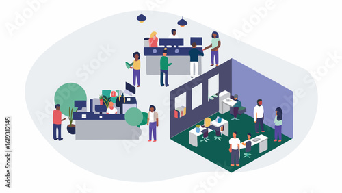 Illustration depicting diverse people working in a modern office with desks and meeting room setting