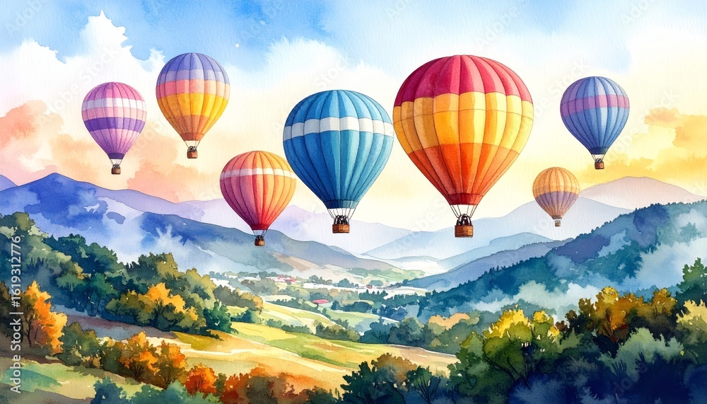 Fototapeta premium Whimsical watercolor hot air balloons soaring through a vibrant sky colorful.