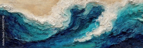 Textured Waves and Curls of Ocean Blue Capture the Movement and Serenity of the Sea in an Artistic Oil Painting