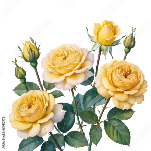 Beautiful yellow roses floral arrangement botanical garden illustration png isolated on white background