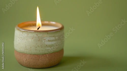 Handmade ceramic candle with a bright lit flame, featuring a smooth texture and artisanal design, set against a vivid green background. The glowing flame emits a warm light, highlighting the craftsman