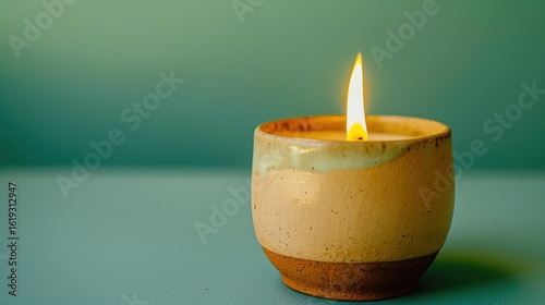 Handmade ceramic candle with a bright lit flame, featuring a smooth texture and artisanal design, set against a vivid green background. The glowing flame emits a warm light, highlighting the craftsman