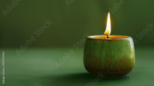 Handmade ceramic candle with a bright lit flame, featuring a smooth texture and artisanal design, set against a vivid green background. The glowing flame emits a warm light, highlighting the craftsman