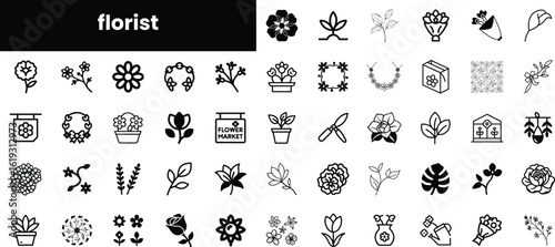 A collection of diverse floral icons, showcasing various flower types, arrangements, and gardening tools, perfect for floral designs and branding.