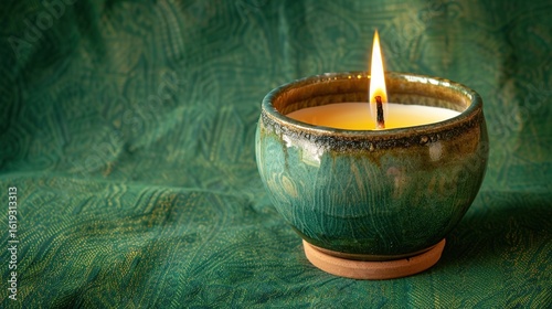 Handmade ceramic candle with a bright lit flame, featuring a smooth texture and artisanal design, set against a vivid green background. The glowing flame emits a warm light, highlighting the craftsman