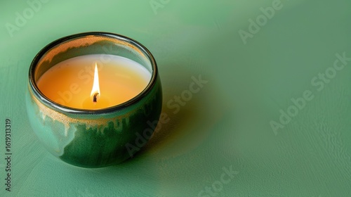 Handmade ceramic candle with a bright lit flame, featuring a smooth texture and artisanal design, set against a vivid green background. The glowing flame emits a warm light, highlighting the craftsman