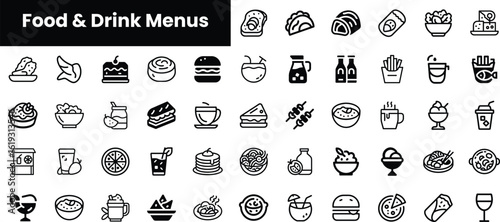 A comprehensive collection of minimalist black icons representing various food and drink items, ideal for menus or graphic design projects.