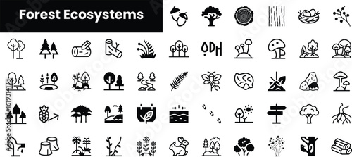 A diverse collection of black and white icons representing various elements and features of forest ecosystems, including flora and fauna.