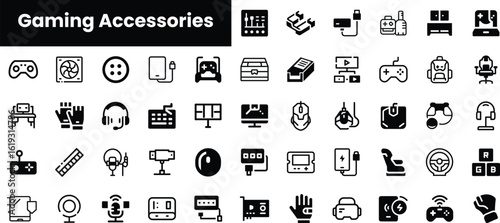 A collection of sleek black and white icons representing various gaming accessories, showcasing controllers, headsets, keyboards, and more for enthusiasts.