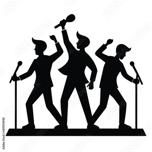 Three male singers in silhouette performing with microphones 1