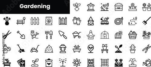 A collection of black and white gardening icons featuring tools, plants, and decorative elements, perfect for illustrating garden-related themes and activities.