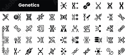 Diverse set of black and white genetic icons representing various aspects of genetics, including DNA structures, chromosomes, and molecular biology concepts.