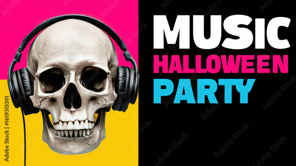 Fototapeta premium Music Halloween Party Skull with Headphones on Bright Bold Background