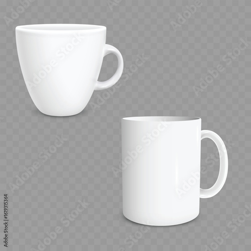 White Ceramic Coffee Cup and Mug Set Mockup. Realistic. Vector