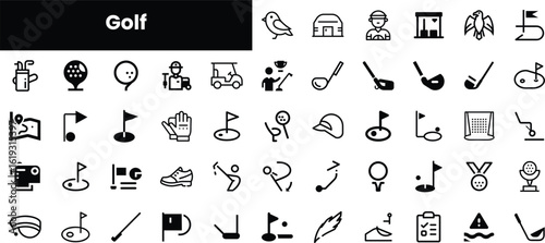 A diverse collection of golf-themed icons, perfect for representing various aspects of the sport, including equipment, players, and game elements.