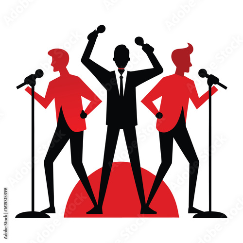 Three singers in silhouette with microphones and red stage