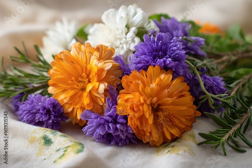 A vibrant combination of bright orange marigolds, purple asters, and white chrysanthemums, set amidst green ivy and sprigs of rosemary.
