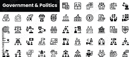 A diverse collection of government and politics-themed icons, featuring symbols of democracy, governance, and civic engagement, suitable for various applications.