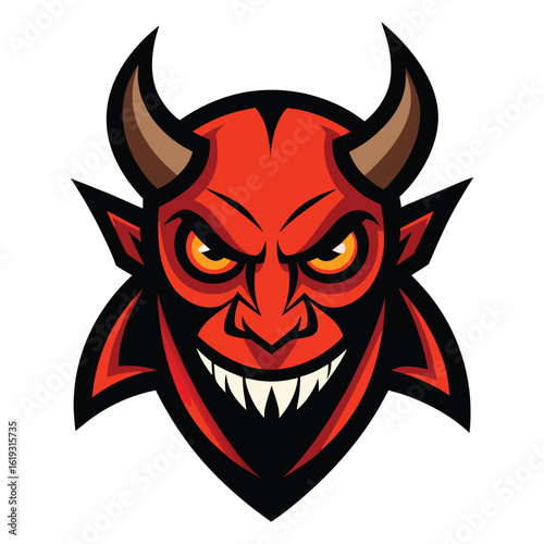 Fearsome red devil face with sharp teeth and horns