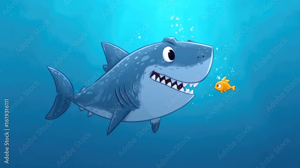 Fototapeta premium Friendly shark and tiny fish in the deep blue.