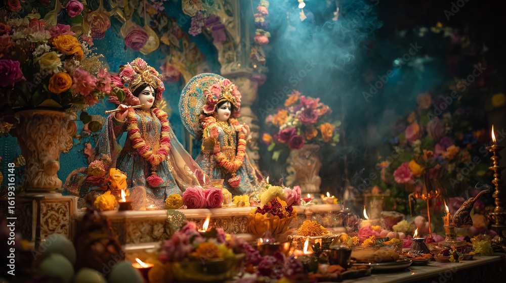 Fototapeta premium Radha Ashtami celebration photography, colorful temple interior with Radha-Krishna idols adorned with fresh flowers