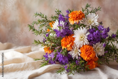A vibrant combination of bright orange marigolds, purple asters, and white chrysanthemums, set amidst green ivy and sprigs of rosemary.