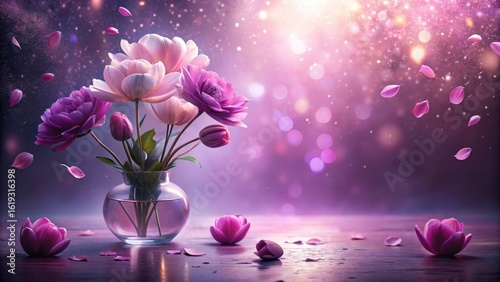A Serene Arrangement of Delicate Pink and Purple Blooms in a Glass Vase, Adorned with Falling Petals Against a Dreamy Purple Background