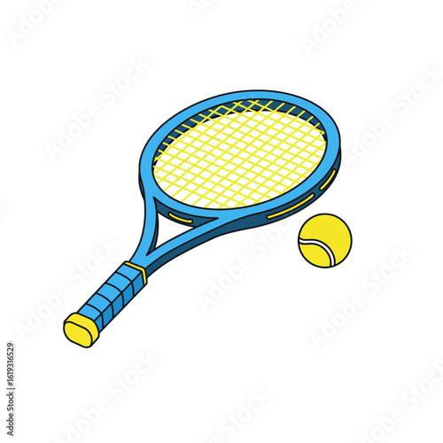 Isometric tennis racket and ball vector illustration. Sports equipment graphic design element for competition or hobby concept.