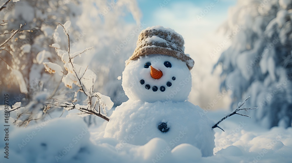 Obraz premium A delightful snowman with a carrot nose and hat smiles in a snowy landscape.